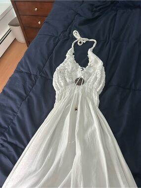 White Crochet Halter Mid Dress - Boho Summer Dress